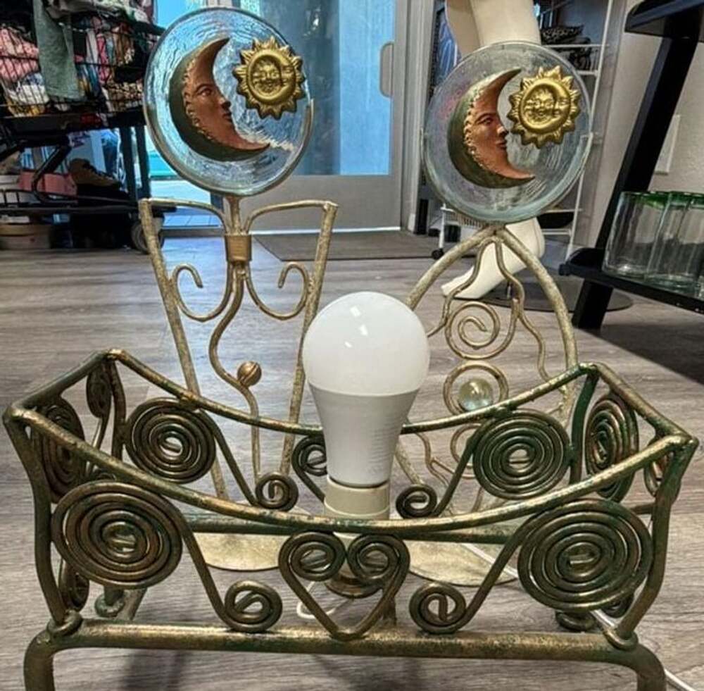 Vintage Celestial Sun and Moon Wrought Iron Accent Lamp with Glass Orbs